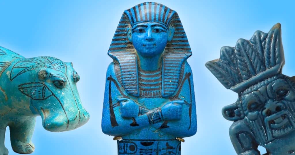 Ancient Egyptian faience hippopotamus figurine with blue-green glaze and painted lotus flowers, Middle Kingdom