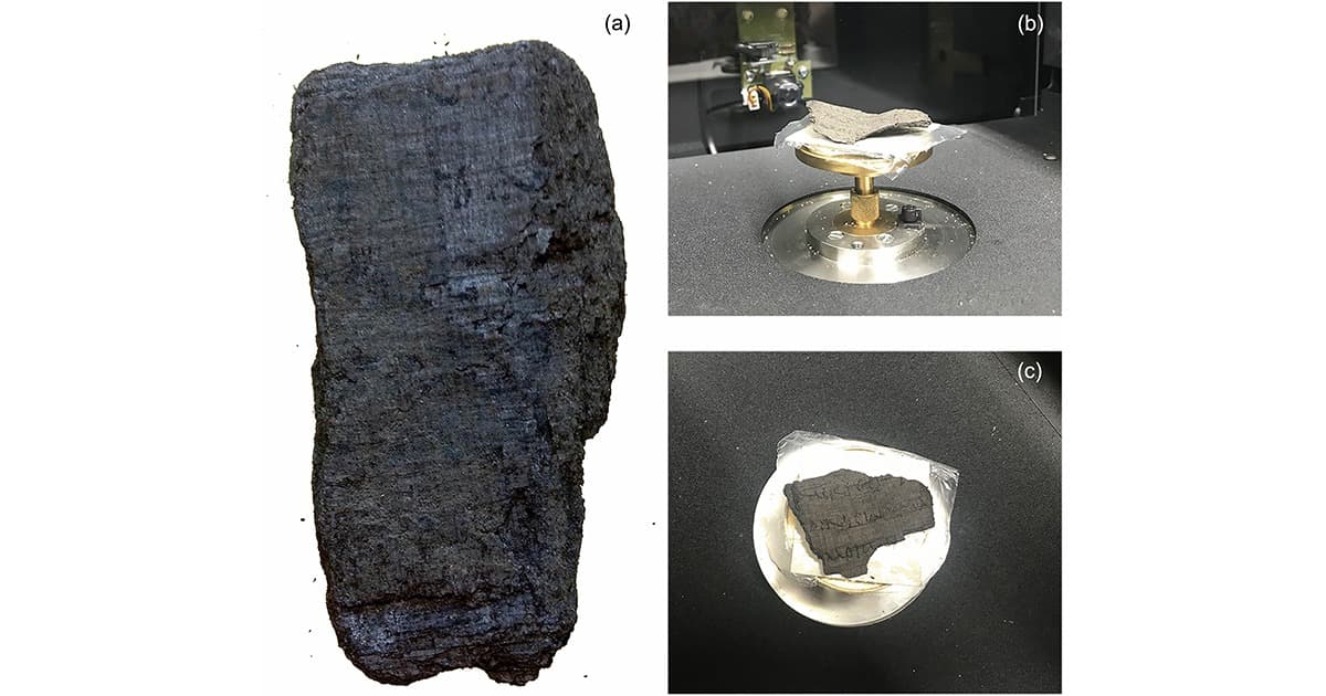 Carbonised papyrus fragments from Herculaneum with visible Greek text