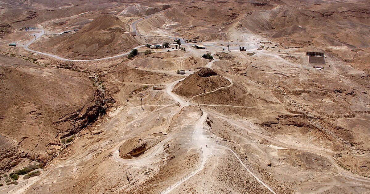 Aerial view of Masada’s western face with the Roman assault ramp
